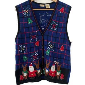 Bobbie Brooks Christmas Sweater Vest with Santa, Reindeer Ugly Christmas Sweater
